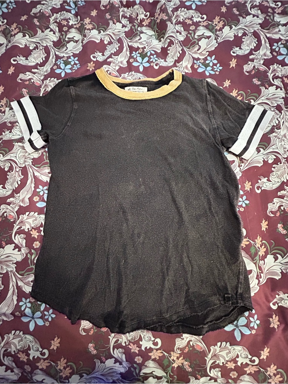 We The Free (Free People) Black Tee with Yellow Neck and White Sleeve Stripes